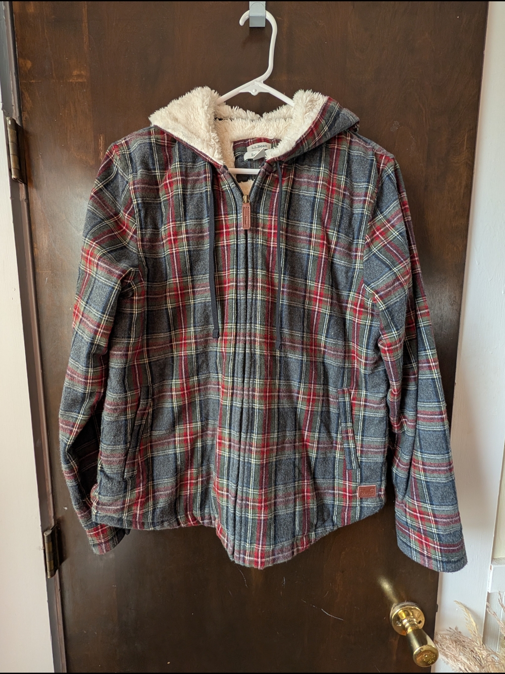 L.L. Bean Plaid Hooded Sherpa-Lined Jacket - Gray, Red, Green